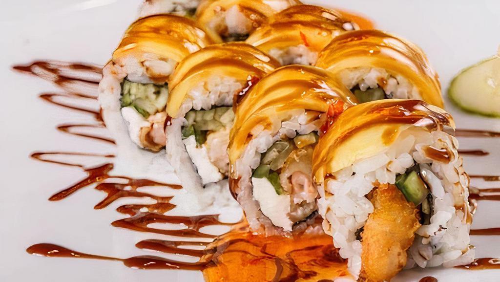 The Experience Roll · Shrimp tempura, cream cheese and. cucumber inside, sliced mango outside, topped with sweet chili and eel sauce. Psychedelic.