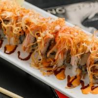 Sharp Dressed Roll · Lobster tail tempura inside, crab stick outside, topped with fried crab stick, spicy mayo an...