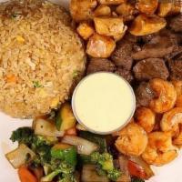 Chicken, Shrimp And Filet Mignon · Served with soup or salad, fried rice, vegetables and yum-yum sauce