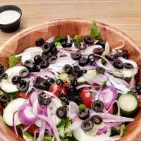 Large Garden Salad · Mixed Greens, Tomatoes, Cucumbers, Onions, Black Olives, Red Onions, And A Balsamic Vinaigre...