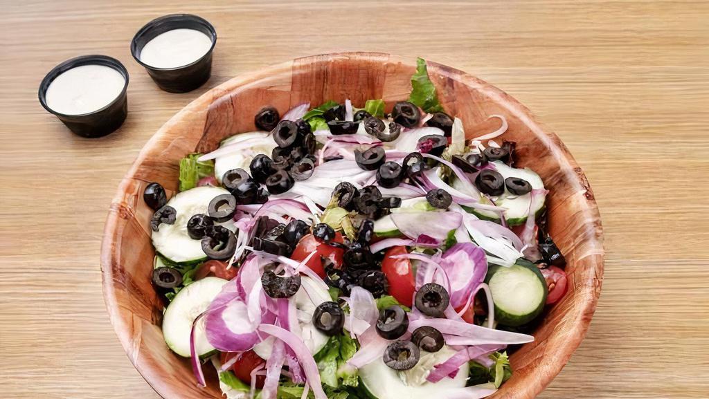 Large Garden Salad · Mixed Greens, Tomatoes, Cucumbers, Onions, Black Olives, Red Onions, And A Balsamic Vinaigrette