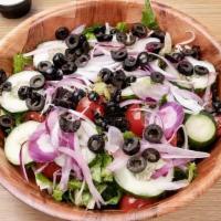 Small Garden Salad · Mixed Greens, Tomatoes, Cucumbers, Onions, Black Olives, Red Onions, And A Balsamic Vinaigre...