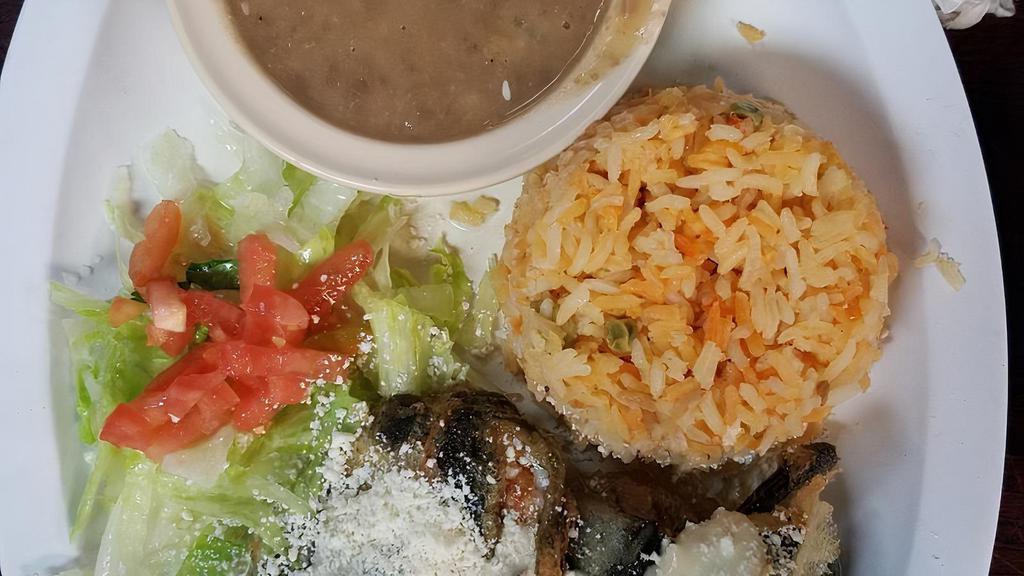 Chile Relleno · Two poblano peppers filled with your choice of chicken, cheese or steak.
