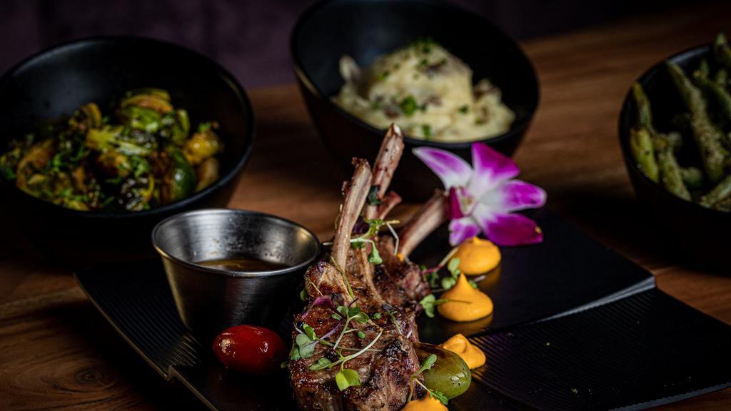 Lamb Lollipops · 4 Lollipops Served with Home-Made Au Jus Sauce (Garnished w/ carrots puree) Served w/ Two Sides.