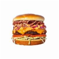 One Night Stand · Plant-based patty loaded with vegan bacon, vegan cheese, caramelized onions, lettuce, tomato...