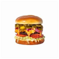 Sloppy Toppy · Plant-based patty loaded with jalapeños, vegan cheese, caramelized onions, lettuce, tomato, ...