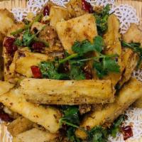 Dry Fried Eggplant · Spicy. Sichuan spices, dried chili peppers, scallions and cilantro.