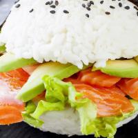 Smoked Salmon Burger · Smoked salmon mix with organic Mexico avocado, organic English cucumber, organic greens, cri...