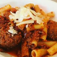 Meatballs Pasta · Homemade Angus meatballs cooked in marinara sauce. Served with homemade focaccia bread and P...