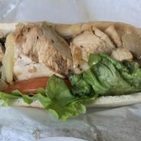 Grilled Chicken · Seasoned chicken breast, baby spinach, sun dried tomatoes, pesto and provolone cheese on cia...