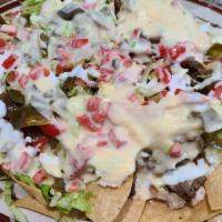 Nachos · Chips, white melted cheese,  lettuce,  tomato,  pickled jalapeños,  black beans ans queso fr...