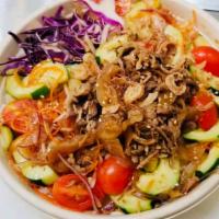 Teriyaki Beef Bowl · beef. red  cabbage,edamame,carrots,cucumber,tomato,red onion,green onion,sesame seed,with te...