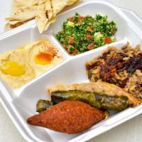 Al Basha Combo Platter · Kibbeh, grape leaves, cabbage rolls, hummus, baba ghanouj and tabouleh salad