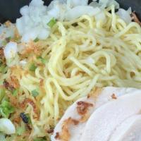 Chicken Ramen · Homemade chicken broth, chicken chashu, spinach, scallion, white onion, fried onion