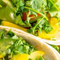 Veggie Tacos (Order Of 3) · Soft corn or flour tortilla . Saute mix veggies chipotle mayo and cilantro side hot sauce an...