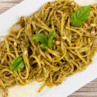 Linguine Pesto · Linguine pasta with pesto sauce (Minced garlic, cashews, walnuts,  basil, parmesan cheese bl...