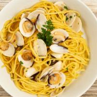 Linguine With Clams · Linguine pasta with clams, olive oil, garlic, white wine, and parsley.