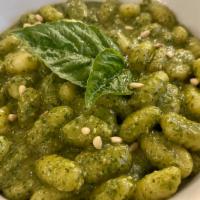 Gnocchi Al Pesto · Gnocchi with pesto sauce made with 
(Minced garlic, cashews, walnuts, salt, basil, and parme...