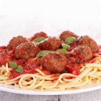 Meatball Pasta · Fresh pasta made with a housemade red sauce topped with three large beef meatballs.
