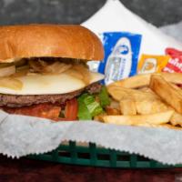 Grilled Onion & Provolone Burger · Served on a kaiser with lettuce, tomato, pickles, ketchup and special sauce. Served with a s...
