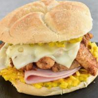 Calle 8 · Chopped grilled chicken, baby Swiss cheese, ham and our homemade PMO (pickles, mustard and o...