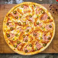 Slice Of Spice Hawaiian Pizza  · Fresh pineapples, ham, mozzarella, and spicy jalapenos baked on a hand-tossed dough.