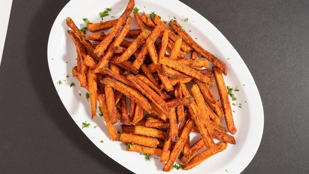 French Fries Of Sweet Potato Fries · Options of seasoned or loaded (cheese and bacon) Regular four loaded for an additional charge.