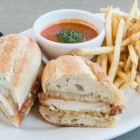 Crispy Chicken Parmesan Baguette · 1210-1050 cal panko crusted chicken breast, provolone cheese, roasted garlic tomato sauce, b...