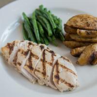 Grilled Chicken Breast · 350 cal green beans, roasted fingerling potatoes