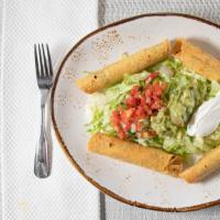 Los Taquitos · Three corn tortillas stuffed with (beef or chicken) cheese lightly fried, served with lettuc...