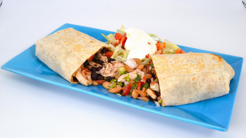 California Burritos · Large flour tortilla filled with your choice of meat, whole pinto beans or black beans, rice, cilantro, tomatoes, onions, sour cream and homered or green salsa.