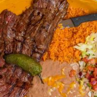Carne Asada · Thinly sliced and seasoned skirt steak or chicken breast carefully charbroiled to perfection...