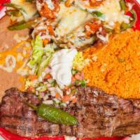 Dos Amigos · Choice of grilled skirt steak or grilled chicken breast, accompanied with four shrimps wrapp...