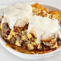 Country Skillet · Seasoned hash brown crumbled sausage bacon mushrooms onions buttermilk biscuit and sausage g...