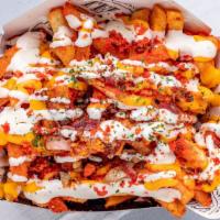 Hot Cheetos Fries · Classic Straight Cut Fries Hot Cheetos, FATR cheese and topped with bacon & ranch.