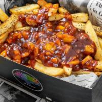 Bbq Mango Chicken Fries.....Vegan Option Available · Crispy Waffle Fries topped with chicken, mango-jalapeno chunky sauce, drizzled honey and Swe...