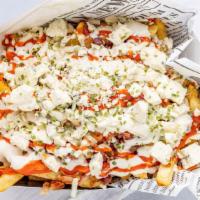 Pebbles Fries · Classic Straight Cut Fries topped w/bacon, sriracha sauce, blue cheese crumbles , ranch, che...