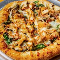 Palermo Pizza · Pizza sauce, mozzarella cheese, mushrooms, onions, spinach, garlic, and chicken.