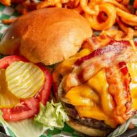 Packy'S Burger · An 8 Oz angus beef patty cooked to perfection applewood smoked bacon, grilled onions, sautée...