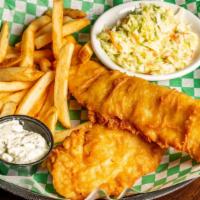 Fish-N-Chips · Hand battered cod deep fried and served with fries and slaw.