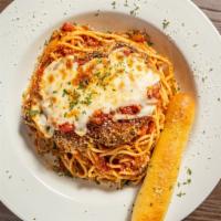 Chicken Parmesan · Parmesan- and Panko-crusted chicken breast with marinara and mozzarella on our housemade bre...