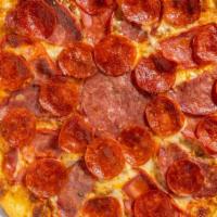 Meat Madness Pizza · Red sauce, mozzarella, salami, spicy capicola, pepperoni, and Italian sausage.
