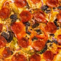 Baked Deluxe · Red sauce, pepperoni, Italian sausage, mushrooms, red onion, bell pepper blend, and mozzarel...