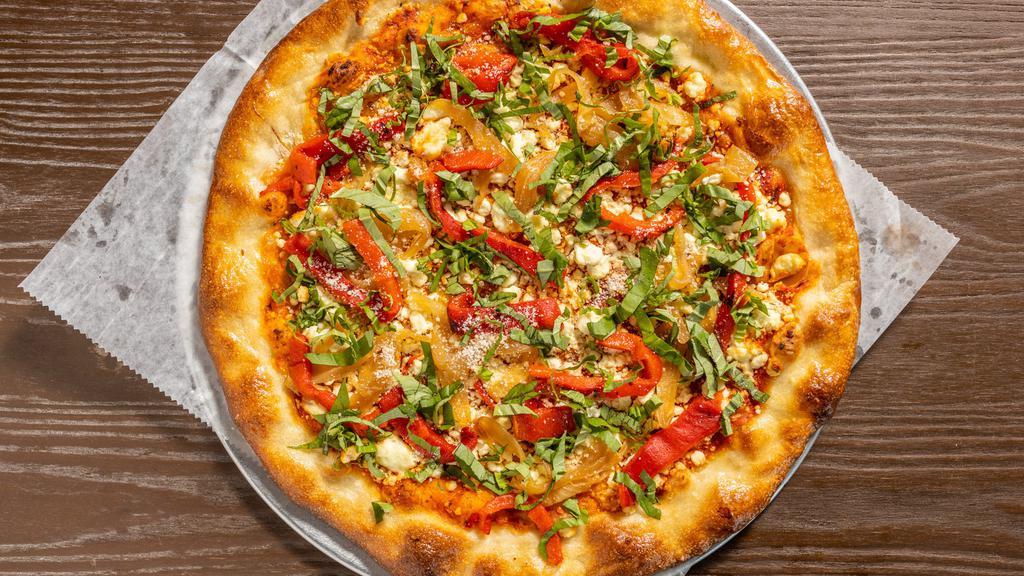The Goat · Roasted bell peppers, red sauce, goat cheese, caramelized onion, basil, Parmesan.