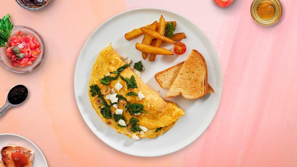 Geek Greek Omelette · Eggs cooked with feta cheese and tomato or spinach as an omelette or scrambled eggs served with potatoes and toast with butter and jelly bagel or English muffin.