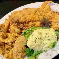 Seafood Platter · Farm raised catfish, shrimp, gulf oysters and stuffed crab served with hush puppies and one ...