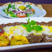 Kabob Platter Dinner · A combination of lamb or beef. Chicken and kubideh kabobs. Served with a side greek salad, p...