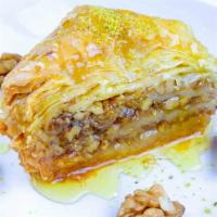 Walnut Baklava Square · Layers of phyllo pastry filled with chopped walnuts and cinnamon; sweetened with honey.
