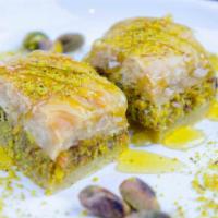 Pistachio Baklava Square · Layers of phyllo pastry filled with chopped pistachios; sweetened with honey.