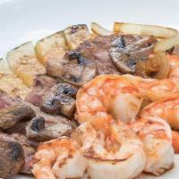 Steak & Shrimp · Hibachi steak* and grilled shrimp lightly seasoned and grilled to your specification. Availa...